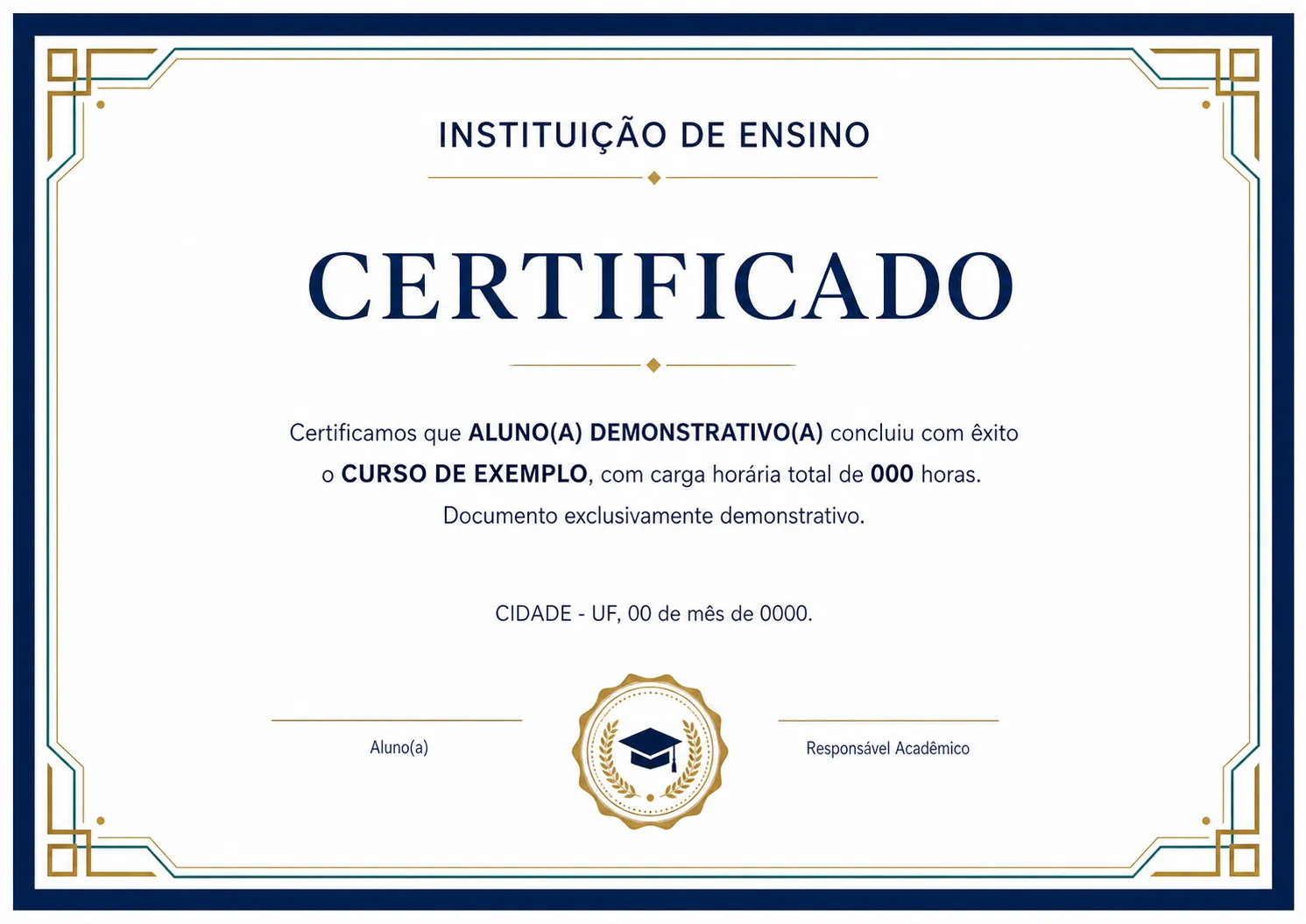 Certificado demonstrativo finalizado e pronto para entrega ao aluno