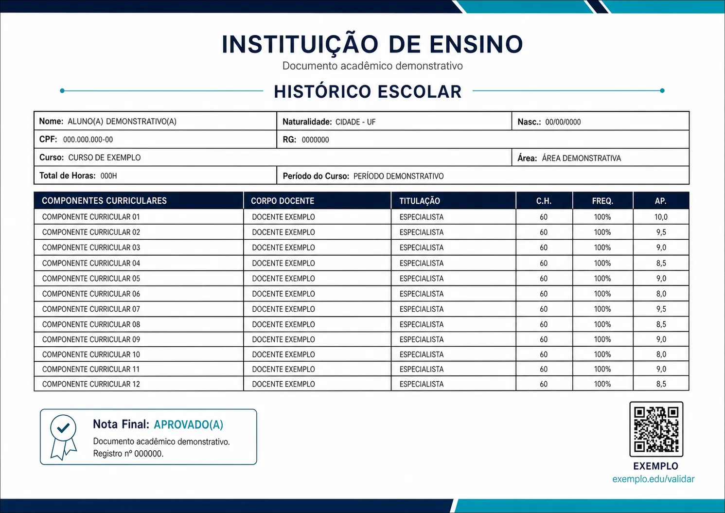 Histórico escolar demonstrativo gerado com dados do aluno, curso e grade curricular
