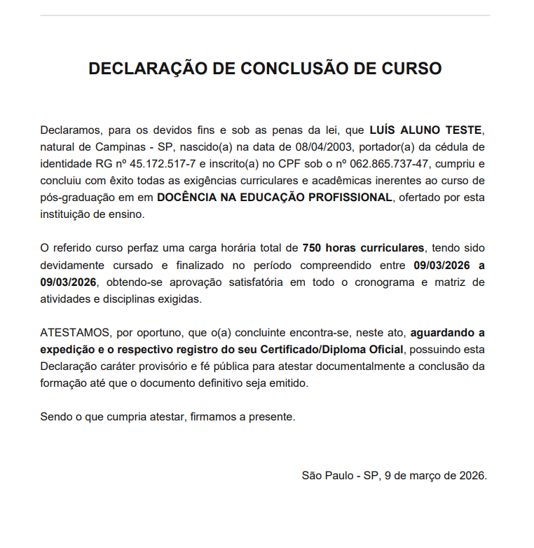 Exemplo de declaração escolar gerada pelo sistema com selo de autenticidade