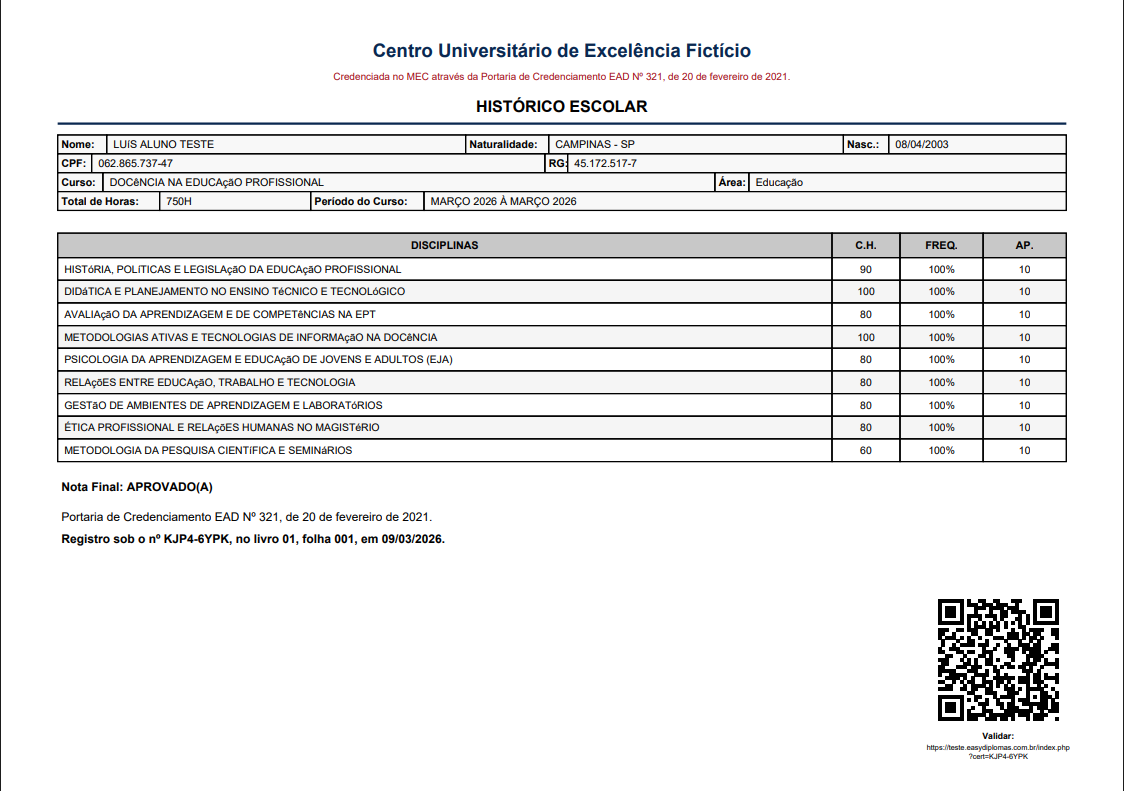 Exemplo do verso de um certificado com histórico acadêmico